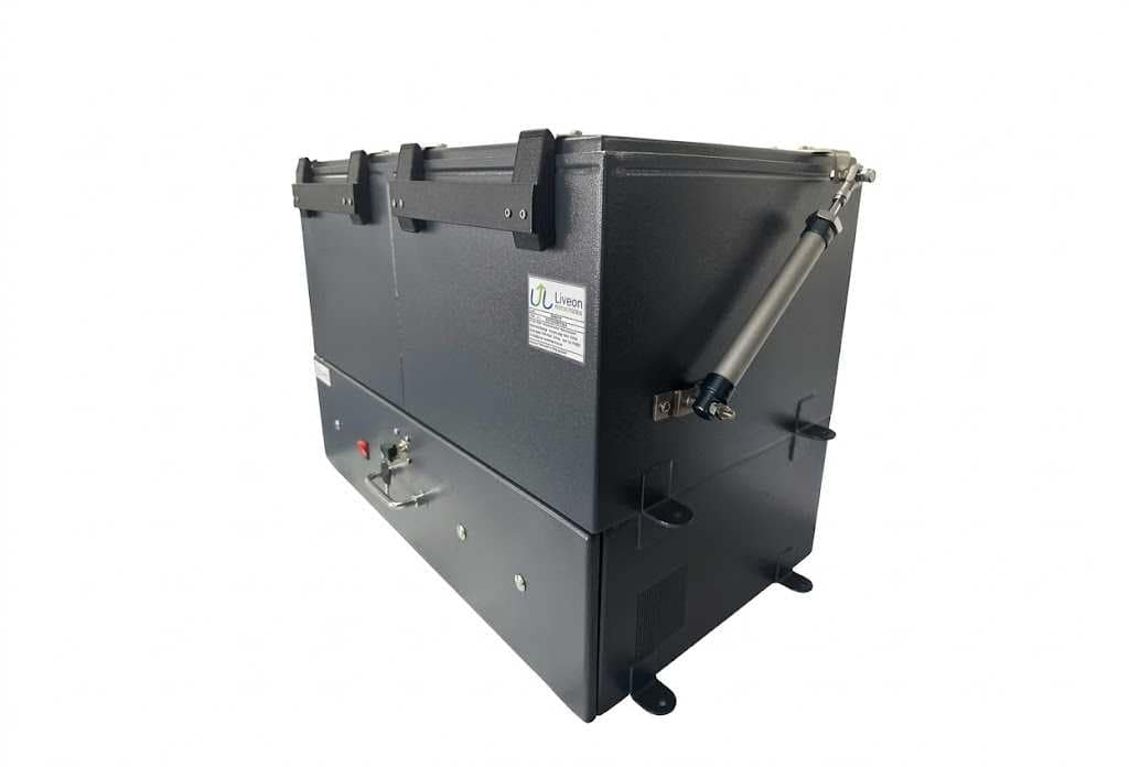 Rear side view of compact RF shielded test box with ventilation and filtered connections
