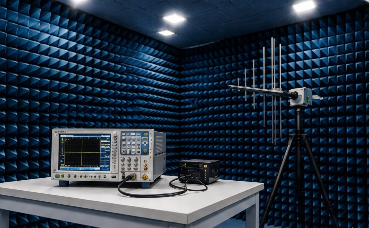 RF EMI EMC testing setup inside anechoic chamber at Liveon Technolabs