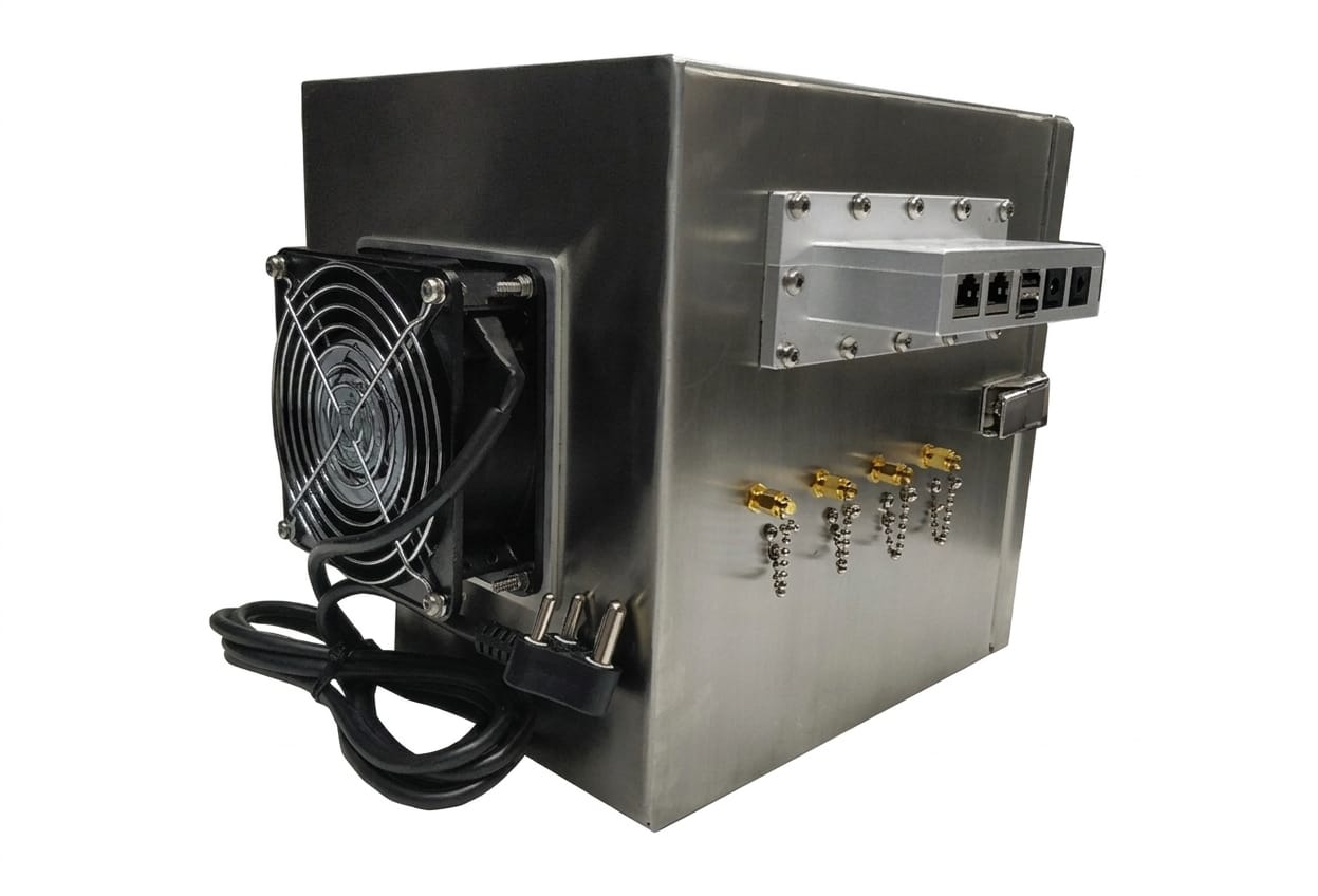 RF shielded box connector panel with SMA ports and filtered interfaces